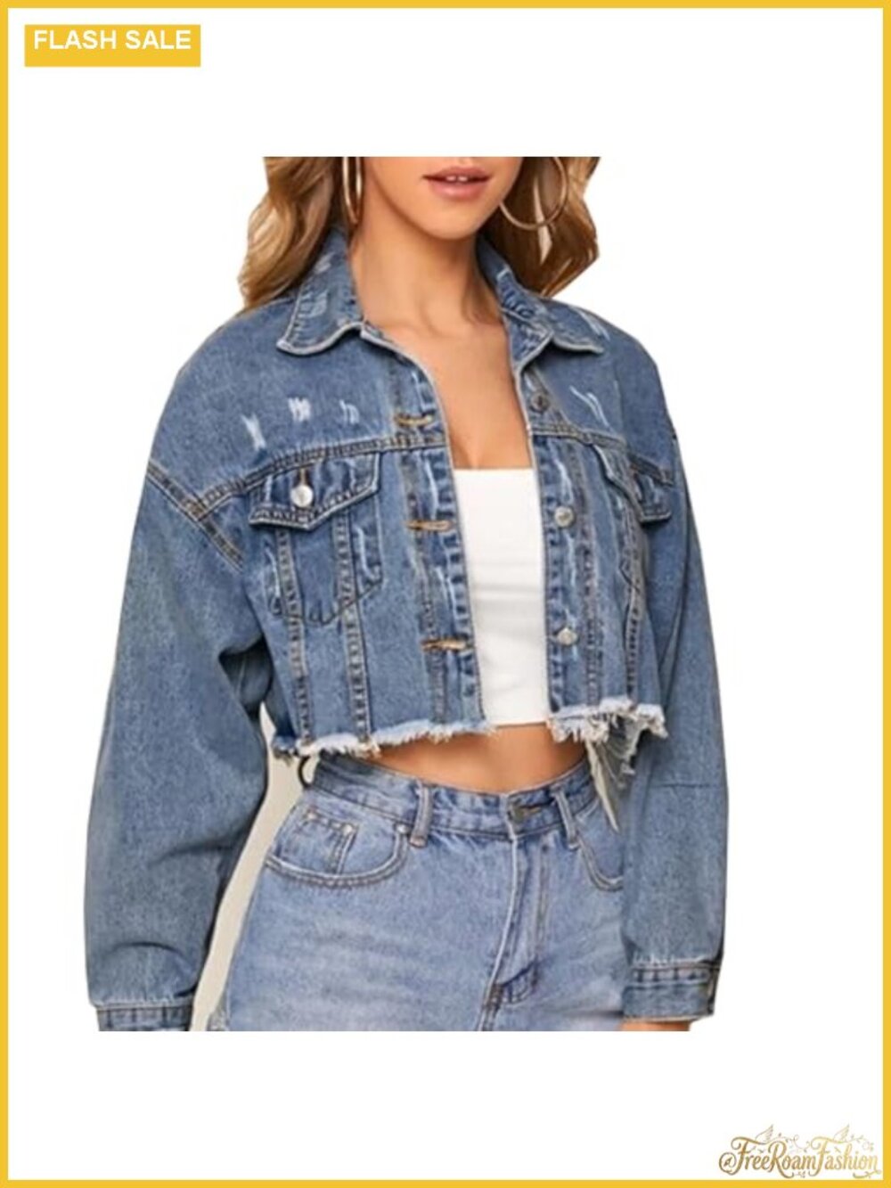 Cropped Denim Jacket Distressed Long Sleeve Button Down Jean Jacket
